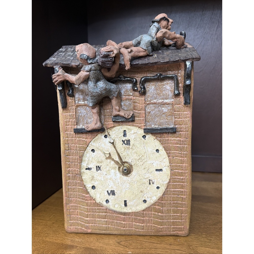 Ceramic Clock Roofers At Work Hand Sculpted by Susan G. Healy Ohio Pottery